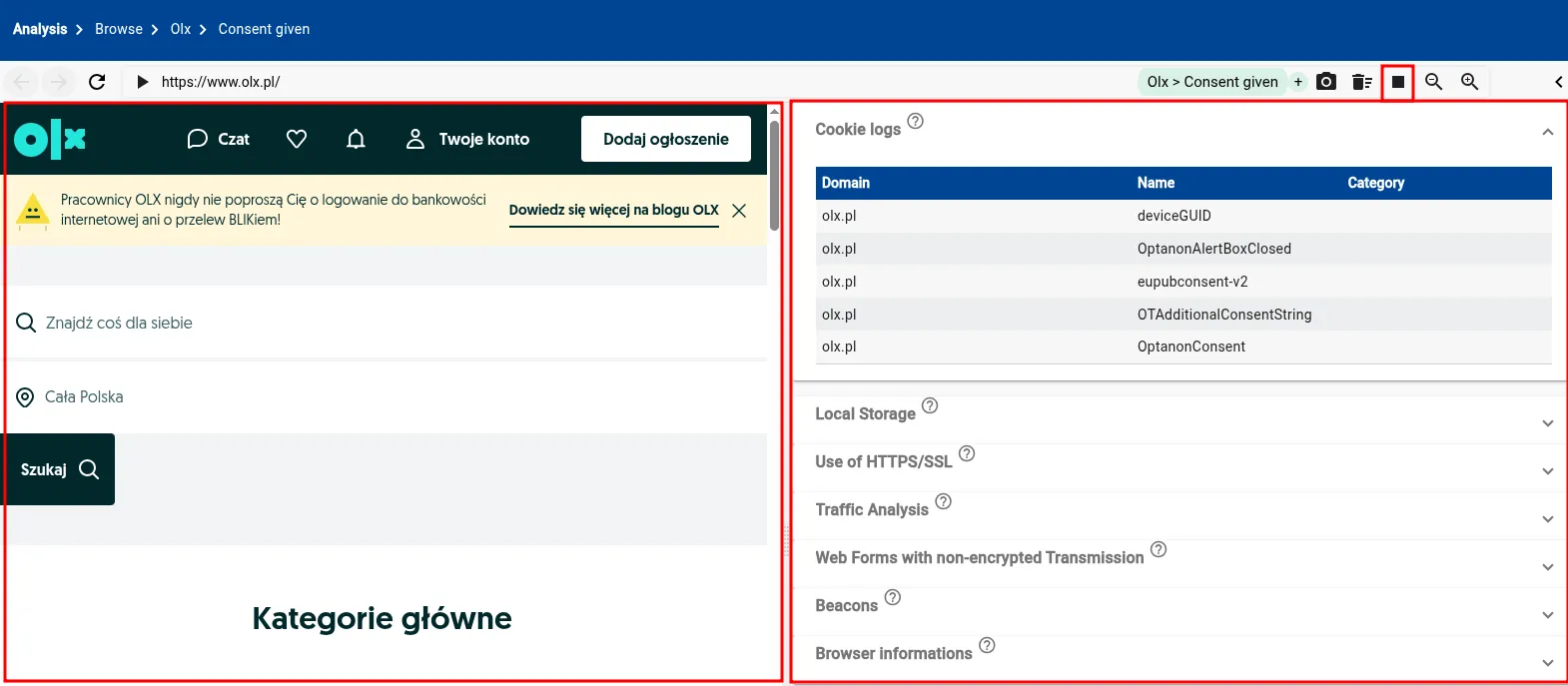 Interaktywne okno, pokazując stronę na żywo i podgląd wyników